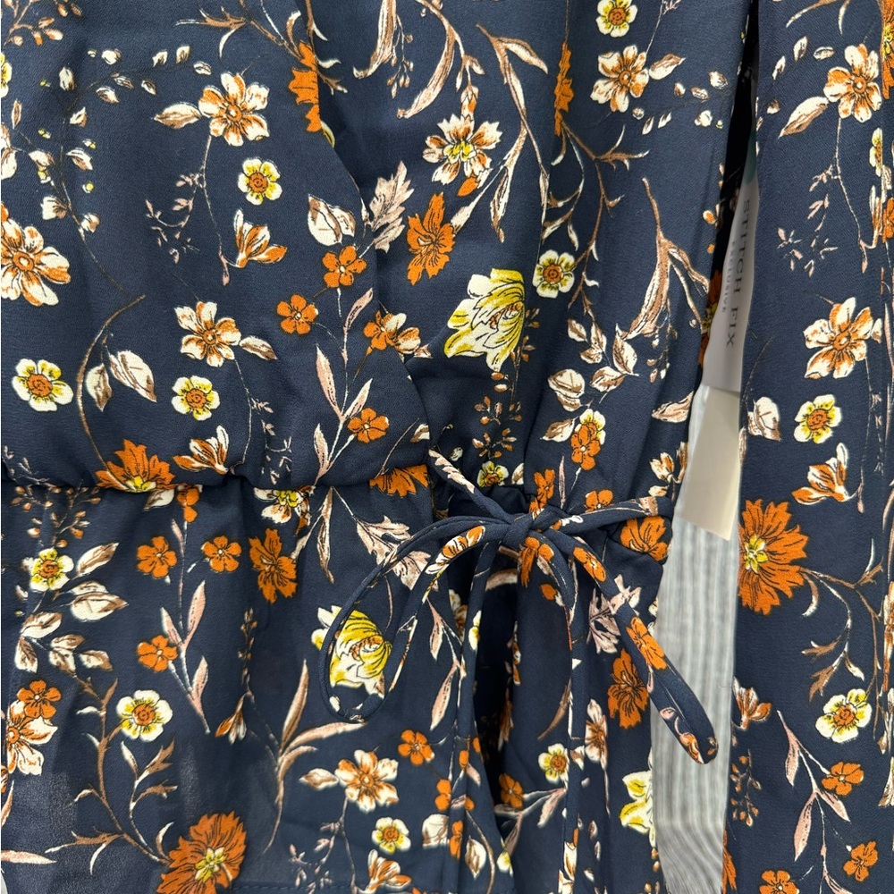 nine britton Navy Floral Wrap Blouse with Mustard and Cream Flowers - Picture 4 of 9